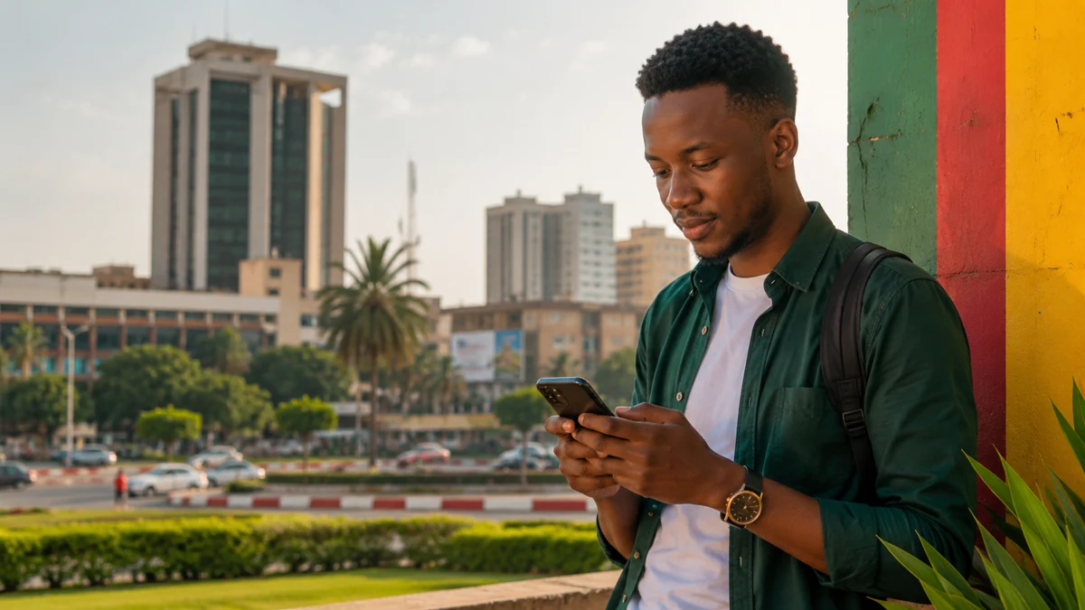 Young Cameroonian using a smartphone in an urban environment