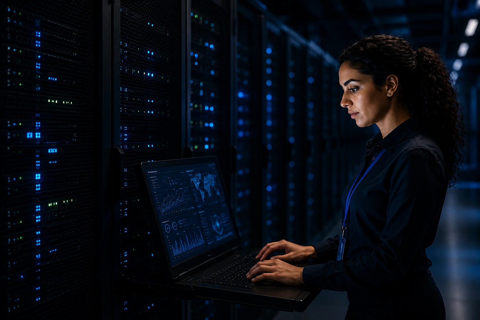 Experte en sécurité ITSelect configurant une console de supervision dans un datacenter sécurisé.